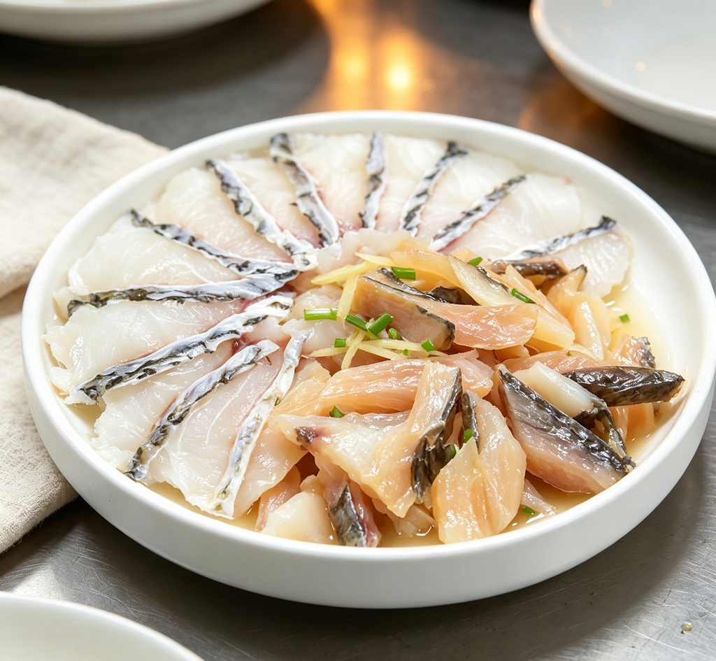 Steamed fish fillets arranged in a round dish