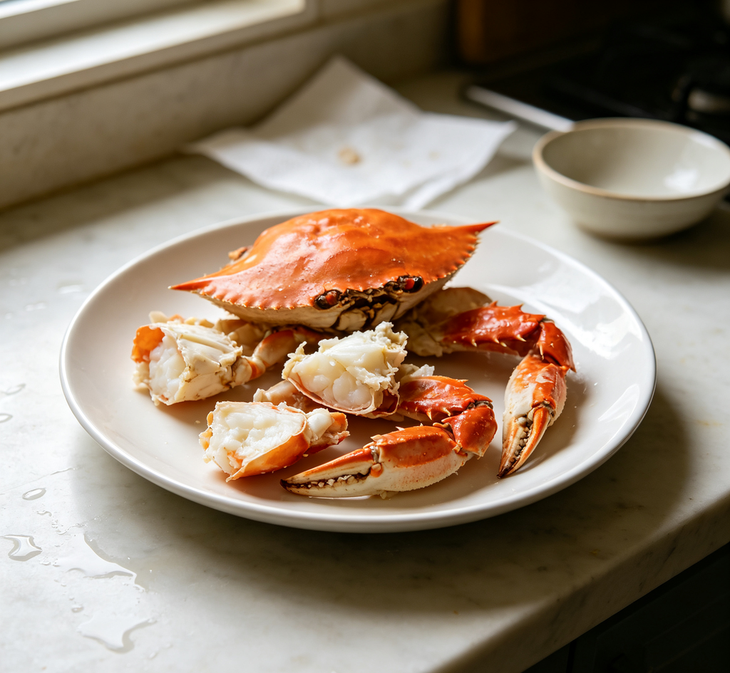 Cooked crab legs presented on a white plate