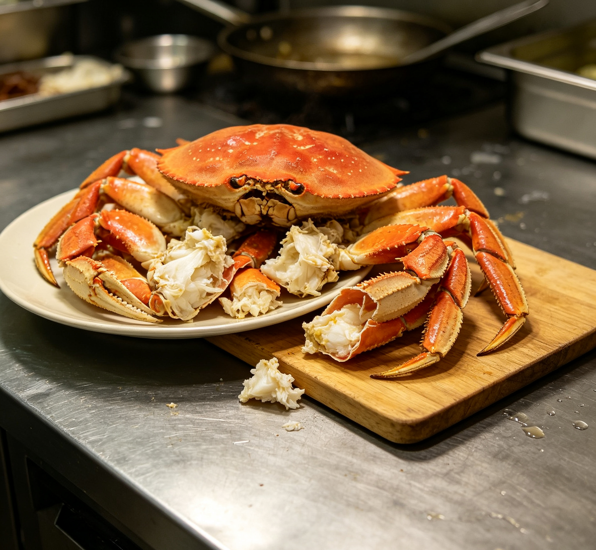 Crab legs on a wooden board ready to serve
