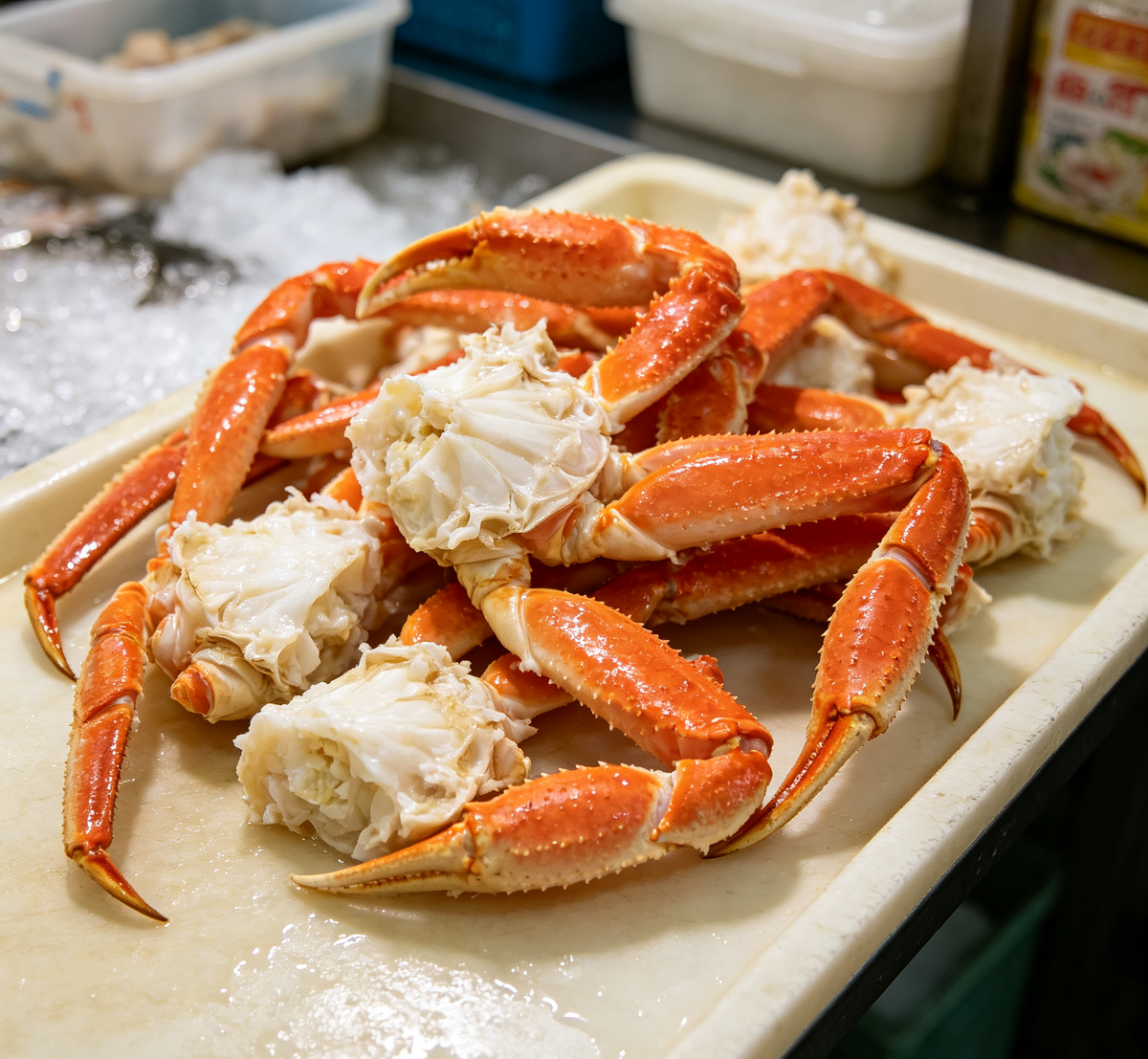 Crab legs displayed on ice