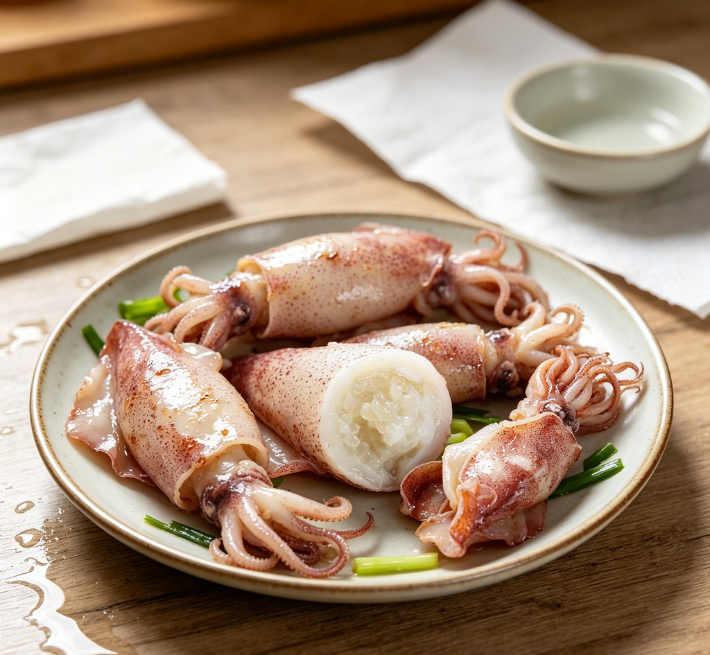 Stuffed squid plated and ready to serve