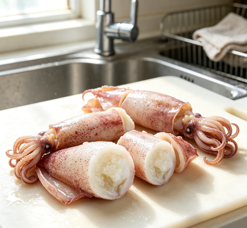 Stuffed squid arranged on a serving plate