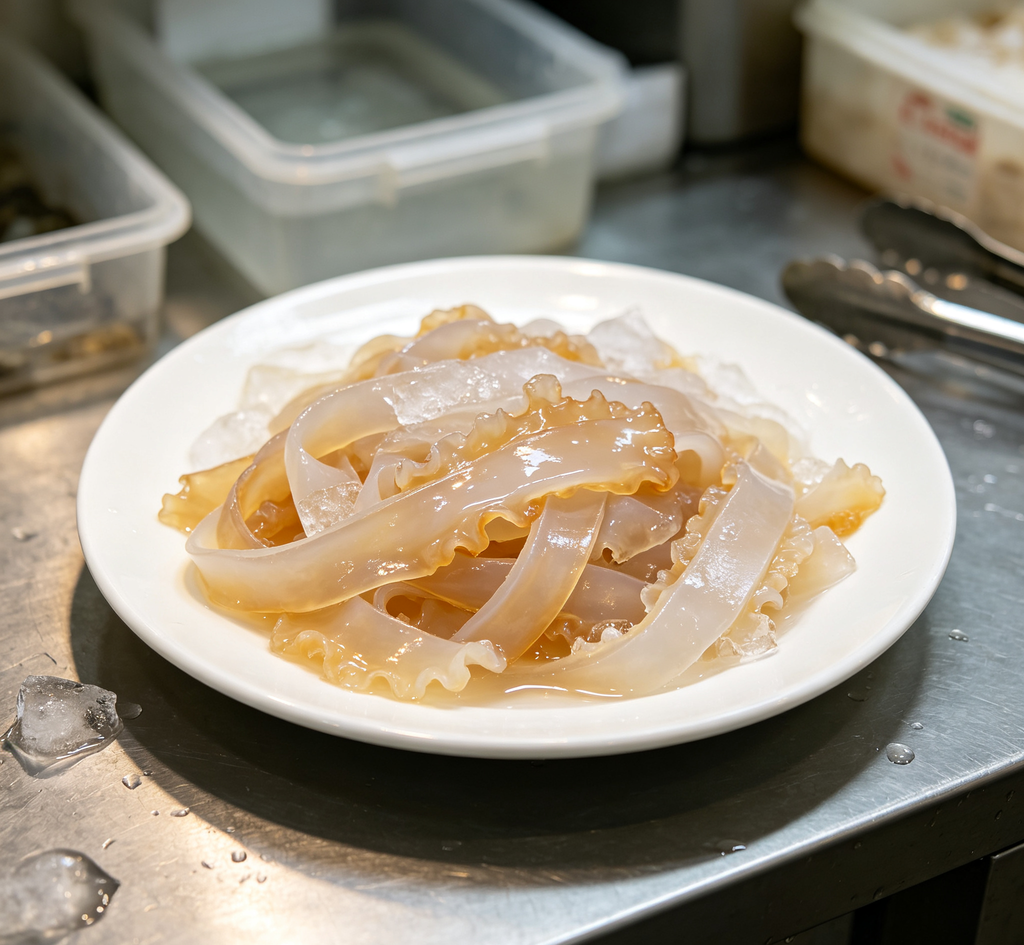 Jellyfish noodles served on a white plate